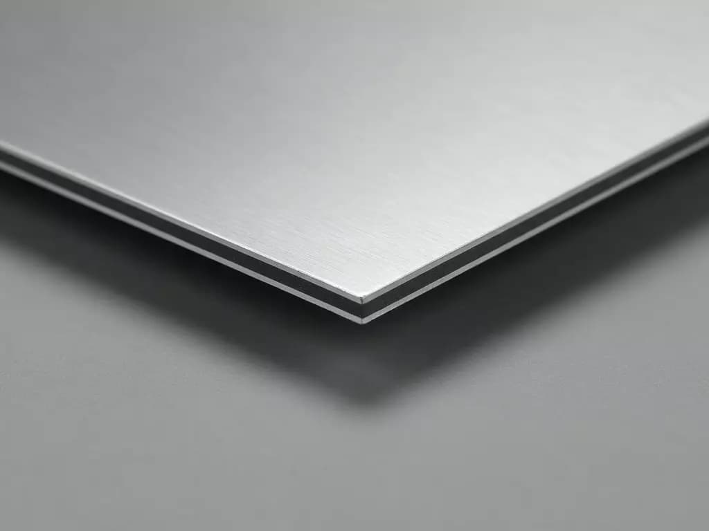 Narożnik płyty kompozytowej z widocznym przekrojem: aluminium, rdzeń, aluminium